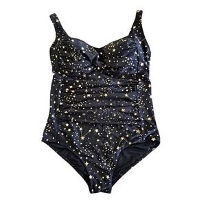 Yonique Black Gold Star Celestial Ruched One Piece Swimsuit 14W New